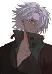 Rule 34 | 1boy, bishounen, blue eyes, dante (devil may cry), devil may cry, devil may cry (series), devil may cry 2, hair over one eye, highres, himo 0913, male focus, simple background, solo, white hair