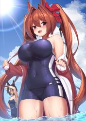 Rule 34 | animal ears, antenna hair, blue one-piece swimsuit, blurry, bow, breasts, brown hair, competition school swimsuit, daiwa scarlet (umamusume), depth of field, fang, hair between eyes, hair intakes, hair ornament, half-closed eyes, hand on own hip, highres, horse ears, horse girl, horse tail, large breasts, long hair, one-piece swimsuit, red eyes, school swimsuit, silhouette90, skin tight, swimsuit, swimsuit under clothes, tail, thighs, twintails, umamusume, very long hair, wading, wavy hair