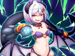 Rule 34 | 1girl, bare shoulders, black horns, breasts, commission, demon girl, flower, gauntlets, hair flower, hair ornament, highres, horns, looking at viewer, navel, open mouth, pointy ears, raichi (ddq0246), short hair, skeb commission, small breasts, smile, solo, succubus prison, tail, tongue, vinum (succubus prison), white hair, yellow eyes