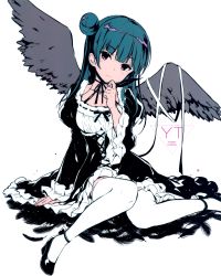 Rule 34 | 10s, 1girl, absurdres, bandages, black feathers, black footwear, black hair, black ribbon, black wings, blush, character name, closed mouth, collarbone, cross, dress, eyebrows, feathers, frilled sleeves, frills, frown, gothic lolita, hair bun, head tilt, highres, holding, juliet sleeves, lolita fashion, long hair, long sleeves, love live!, love live! school idol festival, love live! sunshine!!, neck ribbon, puffy sleeves, purple eyes, qp:flapper, ribbon, ribbon-trimmed dress, ribbon-trimmed sleeves, ribbon trim, scan, shoes, single hair bun, sitting, solo, thighhighs, tsushima yoshiko, white background, white thighhighs, wide sleeves, wings