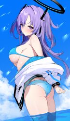 Rule 34 | 1girl, absurdres, ass, bikini, blue archive, blue bikini, blue sky, blush, breasts, cloud, day, enishi96, from side, halo, highres, jacket, large breasts, looking at viewer, off shoulder, outdoors, purple eyes, purple hair, sideboob, sky, solo, swimsuit, v-shaped eyebrows, wading, water, white jacket, yuuka (blue archive)