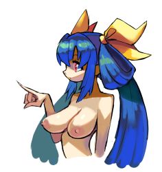Rule 34 | 1girl, bare shoulders, blue hair, breasts, completely nude, dizzy (guilty gear), dreaminerryday, from side, guilty gear, hair between eyes, hair ribbon, hair rings, highres, large breasts, long hair, looking afar, nipples, nude, pointing, red eyes, ribbon, sidelocks, simple background, solo, upper body, white background, yellow ribbon