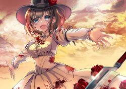 Rule 34 | 1girl, :d, black hat, black ribbon, blood, blood on clothes, blood on face, blue eyes, braid, breasts, brown hair, center frills, charlotte corday (fate), charlotte corday (third ascension) (fate), cowboy shot, crying, crying with eyes open, dress, fate/grand order, fate (series), flower, frills, fukiya (fumiakitoyama), hat, hat flower, highres, juliet sleeves, knife, long sleeves, looking at viewer, open mouth, outstretched arms, outstretched hand, puffy sleeves, red flower, red rose, ribbon, rose, sky, smile, solo, tears, white dress, yellow sky