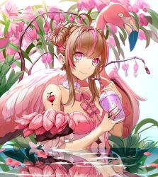 Rule 34 | 1girl, ahoge, bad id, bad pixiv id, bare shoulders, bird, braid, breasts, brown hair, choker, closed mouth, cup, ddaomphyo, detached sleeves, double bun, dress, facial mark, feathers, flamenco, flower, hair bun, head tilt, heart, highres, holding, holding cup, jewelry, long hair, looking at viewer, medium breasts, nail polish, original, pink dress, pink eyes, pink flower, pink hair, pink nails, plant, reflection, ribbon, ring, shoulder tattoo, sidelocks, smile, strapless, strapless dress, tattoo, wading