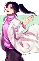Rule 34 | 1boy, :d, asai narumi, black skirt, commentary, crossdressing, floating hair, green background, hand up, happy, lab coat, long hair, long sleeves, male focus, meitantei conan, open mouth, pencil skirt, ponytail, purple eyes, purple sweater, skirt, smile, solo, soraao0322, standing, sweater, trap, turtleneck, two-tone background, waving, white background