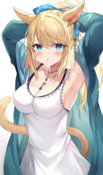 Rule 34 | 1girl, absurdres, animal ears, armpits, arms up, warrior of light (ff14), blonde hair, blue eyes, blue jacket, blush, breasts, cat ears, cat tail, cleavage, commentary request, dress, earrings, final fantasy, final fantasy xiv, highres, jacket, jewelry, large breasts, looking at viewer, miqo&#039;te, necklace, parted lips, retsuto, simple background, single earring, tail, white background, white dress