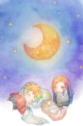 Rule 34 | 2boys, chibi, crescent moon, full body, highres, jamil viper, kalim al-asim, kirakira huuuki, long hair, male focus, moon, multiple boys, night, night sky, orange hair, outdoors, painting (medium), pillow, purple background, purple hair, short hair, sky, sleeping, sleepy, star (symbol), starry background, traditional media, twisted wonderland, under covers, watercolor (medium)