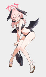 Rule 34 | 1girl, absurdres, ankle ribbon, armpit crease, bag, bare arms, bikini, black bikini, black wings, blue archive, bow, breasts, feathered wings, feet, floral print, full body, grey background, grey wings, hair bow, halo, handbag, head wings, highres, koharu (blue archive), koharu (swimsuit) (blue archive), leg ribbon, legs, looking at viewer, low twintails, medium hair, multicolored wings, narrowed eyes, open mouth, pink eyes, pink hair, ribbon, sandals, simple background, small breasts, solo, standing, swimsuit, tearing up, thighs, toes, twintails, wavy mouth, wings, yorin yoni