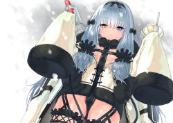 Rule 34 | alcohol, ash arms, black ribbon, blue hair, commentary request, food, garter straps, hair ribbon, hairband, heterochromia, ice cream, kv-2 (ash arms), long hair, long sleeves, looking at viewer, ribbon, shunmin ibiki, simple background, smile, solo, thick eyebrows, vodka, white background, winter clothes