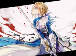 Rule 34 | 1girl, ahoge, armor, artoria pendragon (all), artoria pendragon (fate), blonde hair, blood, blood on face, blue dress, blue eyes, braid, braided bun, breastplate, dress, excalibur (fate/stay night), fate/stay night, fate (series), faulds, gauntlets, hair bun, holding, holding sword, holding weapon, juliet sleeves, long sleeves, mo (mocopo), parted lips, profile, puffy sleeves, saber (fate), solo, standing, sword, two-handed, weapon