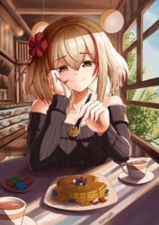 Rule 34 | 1girl, artist name, azur lane, bare shoulders, black sweater, blonde hair, breast rest, breasts, breasts on table, cafe, ceiling light, closed mouth, collarbone, commentary, cup, day, english commentary, flower, food, hair between eyes, hair flower, hair ornament, head rest, highres, ichi10art, incoming food, indoors, long sleeves, looking at viewer, macaron, medium breasts, multicolored hair, off-shoulder sweater, off shoulder, pancake, pov, ribbed sweater, roon (azur lane), saucer, short hair, sidelocks, smile, solo, spoon, streaked hair, sunlight, sweater, table, tea, teacup, tree, window, yellow eyes