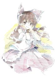 Rule 34 | 1girl, ascot, blush, brown eyes, brown hair, colored pencil (medium), detached sleeves, frills, hair ornament, hair ribbon, hair tubes, hakurei reimu, hands on own face, highres, japanese clothes, long hair, long sleeves, looking at viewer, md5 mismatch, miko, oshake, resized, ribbon, shirt, simple background, skirt, skirt set, smile, solo, touhou, traditional media, vest, wide sleeves