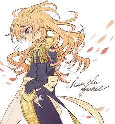 Rule 34 | 1girl, blonde hair, blue eyes, blue jacket, closed mouth, cowboy shot, epaulettes, falling petals, from side, gloves, hand on own hip, highres, jacket, long hair, long sleeves, meremero, oscar francois de jarjayes, pants, petals, profile, solo, standing, versailles no bara, white background, white gloves, white pants, wind