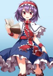Rule 34 | 1girl, alice margatroid, alice margatroid (cosplay), blue dress, blush, book, capelet, commentary request, cosplay, dress, frilled hairband, frills, grimoire, grimoire of alice, hairband, highres, lolita hairband, looking at viewer, nagae iku, open mouth, red eyes, red hairband, ruu (tksymkw), smile, solo, touhou, white capelet, wrist cuffs