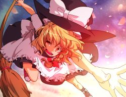 Rule 34 | 1girl, black dress, blonde hair, braid, broom, broom riding, cherry blossoms, dress, female focus, hair ribbon, hat, hat ribbon, kirisame marisa, mirogo, night, open mouth, outstretched hand, petals, red eyes, ribbon, shoes, sneakers, solo, star (sky), touhou, witch, witch hat