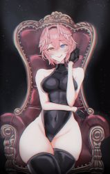 Rule 34 | 1girl, absurdres, bird girl, black background, black gloves, blue eyes, breasts, chair, crossed legs, gloves, hair between eyes, head wings, headband, heterochromia, highleg, highres, hololive, large breasts, leotard, navel, pink hair, seductive smile, short hair, sitting, smile, solo, takane lui, thick thighs, thighs, throne, tomj, tongue, tongue out, virtual youtuber, wide hips, wings, yellow eyes