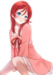 Rule 34 | 1girl, between legs, blue eyes, commentary, dress, hair down, hand between legs, highres, long hair, long sleeves, love live!, love live! superstar!!, pink dress, red hair, red ribbon, ribbon, robirafa 0819, short dress, simple background, sitting, smile, solo, wavy mouth, white background, yoneme mei