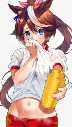 Rule 34 | 1girl, alternate costume, animal ears, blue eyes, blush, bottle, brown hair, commentary request, covering own mouth, hair between eyes, heavy breathing, highres, horse ears, horse girl, horse tail, long hair, navel, neokinayo, ponytail, shorts, simple background, solo, stomach, sweat, tail, tokai teio (umamusume), umamusume, water bottle, white background