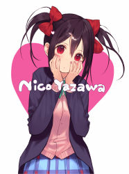 Rule 34 | 10s, 1girl, blazer, bow, cardigan, character name, hair bow, hands on own cheeks, hands on own face, happy birthday, jacket, kitada mo, long sleeves, looking at viewer, love live!, love live! school idol project, open clothes, open jacket, red eyes, school uniform, shirt, simple background, skirt, solo, twintails, vest, yazawa nico