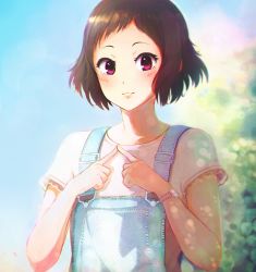 Rule 34 | 1girl, blue sky, blush, brown hair, day, fingers together, hanr10, hyouka, ibara mayaka, index fingers together, looking at viewer, outdoors, overalls, parted lips, red eyes, shirt, short hair, short sleeves, sky, solo, suspenders, upper body, white shirt
