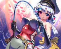 Rule 34 | &gt;:), 1girl, bare shoulders, belt, black gloves, blood cell, blue eyes, blue hair, bottle, bow, breasts, closed mouth, collarbone, commentary request, copyright request, covered navel, dutch angle, elbow gloves, gloves, hair bow, hair ornament, hairclip, hat, holding, long hair, low-tied long hair, medium breasts, peaked cap, riding crop, solo, v-shaped eyebrows, yamikota, yellow bow