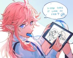 Rule 34 | 1girl, ahoge, artist self-insert, blue eyes, child&#039;s drawing, drawing tablet, earrings, english text, from behind, heki (keibleh), highres, holding, holding drawing tablet, holding stylus, jewelry, keibleh, long hair, long sleeves, looking at viewer, looking back, open mouth, original, pink hair, pink pupils, pointy ears, ponytail, shirt, slit pupils, snake tail, socks, solo, stylus, suspenders, tail, tears, tongue, tongue out, white shirt, white socks