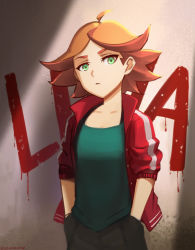 Rule 34 | 10s, 1girl, ahoge, amanda o&#039;neill, female focus, green eyes, hands in pockets, highres, little witch academia, multicolored hair, neck, orange hair, serious, short hair, solo, standing, tomboy