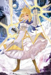 Rule 34 | 1girl, ;d, ascot, blonde hair, blue capelet, boots, breasts, brown footwear, capelet, clenched hands, cover image, dress, electricity, full body, full moon, gauntlets, highres, itai no wa iya nano de bougyoryoku ni kyokufuri shitai to omoimasu, koin (foxmark), layered dress, long sleeves, looking at viewer, medium breasts, moon, night, novel illustration, official art, one eye closed, open mouth, outdoors, red eyes, sidelocks, smile, smirk, smug, solo, standing, textless version, underbust, v-shaped eyebrows, velvet (bofuri), white dress, white legwear