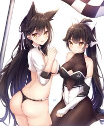 Rule 34 | 2girls, absurdres, artist name, ass, atago (azur lane), atago (stunning speedster) (azur lane), azur lane, bare shoulders, black hair, blunt bangs, bow, breasts, cleavage, cleavage cutout, clothing cutout, commentary, detached sleeves, elbow gloves, eyes visible through hair, facing away, fingerless gloves, flag, gloves, hair between eyes, hair bow, hand on thigh, highres, kiri celea, large breasts, long hair, mole, mole under eye, multiple girls, open clothes, open shirt, ponytail, race queen, ribbon, shirt, sideboob, simple background, sitting, skindentation, sleeve cuffs, sweatdrop, swept bangs, takao (azur lane), takao (full throttle charmer) (azur lane), thighhighs, thighs, thong, very long hair, wariza, white background, white bow, white ribbon, white shirt, yellow eyes