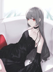 Rule 34 | 1girl, bad id, bad pixiv id, black collar, black dress, black sleeves, blunt bangs, breasts, cleavage, closed mouth, collar, collarbone, couch, detached sleeves, dress, fov ps, long hair, original, red eyes, silver hair, sleeveless, sleeveless dress, small breasts, solo, straight hair, white background