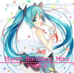Rule 34 | 1girl, aqua eyes, aqua hair, character name, from side, gloves, hatsune miku, long hair, looking at viewer, skirt, solo, striped, striped background, twintails, very long hair, vocaloid, yuni (irohasuiroiro)