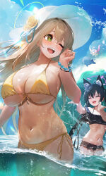 Rule 34 | 3girls, :d, ahoge, animal ear fluff, animal ears, bare shoulders, bikini, black bikini, black hair, blue archive, blush, breasts, cat ears, collarbone, eyewear on head, frilled bikini, frills, front-tie bikini top, front-tie top, green eyes, hair bobbles, hair ornament, halo, hat, highres, hoshino (blue archive), hoshino (swimsuit) (blue archive), inflatable toy, inflatable whale, large breasts, light brown hair, long hair, low twintails, mo ne, multiple girls, navel, nonomi (blue archive), nonomi (swimsuit) (blue archive), ocean, off-shoulder bikini, off shoulder, official alternate costume, one eye closed, open mouth, outdoors, pink hair, red eyes, serika (blue archive), serika (swimsuit) (blue archive), side-tie bikini bottom, smile, stomach, sun hat, sunglasses, swimsuit, twintails, very long hair, wading, white bikini, white headwear, yellow bikini