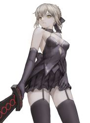 Rule 34 | 1girl, artoria pendragon (all), artoria pendragon (fate), bare shoulders, black gloves, black skirt, black thighhighs, bow, braid, breasts, choker, cleavage, dark persona, elbow gloves, excalibur morgan (fate), fate/stay night, fate (series), french braid, garter straps, geureong geureong, gloves, gluteal fold, gothic lolita, hair bow, highres, lolita fashion, looking at viewer, pleated skirt, saber (fate), saber alter, skirt, solo, thighhighs, white background, yellow eyes