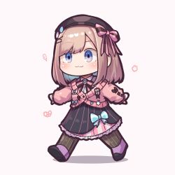 Rule 34 | 1girl, beret, blue eyes, bow, brooch, brown hair, cardigan, chibi, collared shirt, commentary, frilled skirt, frills, hair bow, hair ornament, hat, hatyuuruinohito, highres, jacket, jewelry, long sleeves, neck ribbon, nijisanji, outstretched arms, ribbon, shirt, simple background, skirt, solo, spread arms, suzuhara lulu, suzuhara lulu (1st costume), symbol-only commentary, virtual youtuber, wing collar, x hair ornament