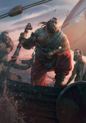 Rule 34 | 3boys, beard, bird, bjorn stormursson, boat, boots, facial hair, gwent (game), highres, jewelry, multiple boys, necklace, non-web source, outdoors, pants, plaid, red pants, sky, splashing, tattoo, the witcher (series), water, watercraft