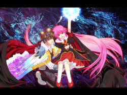 Rule 34 | 1boy, 1girl, alice soft, bad id, bad pixiv id, brown hair, cape, carrying, dress, electricity, energy ball, fractal, glowing, kurusu miki, laughing, letterboxed, long hair, magic, multicolored clothes, nima (justy), ogawa kentarou, open mouth, pink hair, princess carry, rance (series), red eyes, red footwear, semi-transparent, sengoku rance, shoes, short hair, slit pupils, sneakers, star (symbol), very long hair