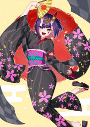 Rule 34 | 1girl, absurdres, black kimono, breasts, eyeliner, fate/grand order, fate (series), floral print, folding fan, hand fan, headpiece, highres, horns, izanaware game, japanese clothes, kimono, long sleeves, looking at viewer, makeup, obi, oni, open mouth, purple eyes, purple hair, sash, short hair, shuten douji (fate), shuten douji (lostroom outfit) (fate), skin-covered horns, small breasts, smile, solo, wide sleeves
