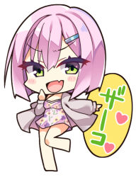 Rule 34 | 1girl, :d, aria (koiiroharemoyou), barefoot, blush stickers, bob cut, chibi, commentary request, double-parted bangs, eyelashes, eyes visible through hair, fang, floral print, green eyes, grey jacket, hair between eyes, hair ornament, hairclip, hand up, heart, jacket, long sleeves, looking at viewer, medium hair, mesugaki, one-piece swimsuit, open clothes, open jacket, open mouth, purple one-piece swimsuit, simple background, smile, smirk, solo, speech bubble, swimsuit, tanikaze amane, tenshi souzou re-boot!, v-shaped eyebrows, white background