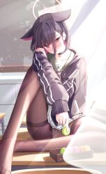 Rule 34 | 1girl, absurdres, animal ears, black choker, black hair, black jacket, black pantyhose, blue archive, blush, cat ears, choker, collarbone, commentary request, crotch seam, daran9, duplicate, food, green sailor collar, hair ornament, hairclip, halo, highres, holding, holding food, hood, hooded jacket, jacket, kazusa (blue archive), long sleeves, macaron, neckerchief, panties, panties under pantyhose, pantyhose, pink hair, pink halo, pleated skirt, red eyes, red neckerchief, sailor collar, short hair, skirt, solo, underwear, white panties, white skirt