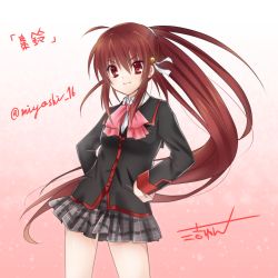 Rule 34 | 1girl, bow, brown hair, grin, highres, little busters!, long hair, miyoshi yun, natsume rin, pink bow, ponytail, red eyes, school uniform, smile, solo, very long hair