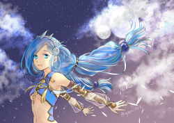 Rule 34 | 1girl, :d, agasa (agasaillust), armpits, arms behind back, blue eyes, blue hair, breasts, cloud, dana (ys), detached sleeves, diadem, falcom, floating hair, full moon, hair ribbon, long hair, long sleeves, looking at viewer, moon, multiple moons, open mouth, outdoors, outstretched arms, ribbon, see-through, sky, small breasts, smile, solo, star (sky), starry sky, swept bangs, twintails, twitter username, underboob, very long hair, white ribbon, ys, ys viii lacrimosa of dana