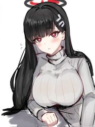 Rule 34 | 1girl, blue archive, blush, breasts, bright pupils, commentary, highres, large breasts, looking at viewer, mini2chainz, open mouth, red eyes, ribbed sweater, rio (blue archive), simple background, sweater, white pupils