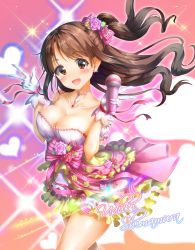 Rule 34 | 1girl, absurdres, breasts, brown eyes, brown hair, character name, cleavage, double v, dress, gloves, half updo, heart, highres, idolmaster, idolmaster cinderella girls, idolmaster cinderella girls starlight stage, kuria (clear trip second), long hair, medium breasts, microphone, shimamura uzuki, signature, smile, solo, v, white gloves