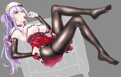 Rule 34 | 1girl, ajax (azur lane), alternate breast size, armchair, azur lane, bad id, bad pixiv id, black pantyhose, breasts, chair, cherry, feet, food, fruit, grey background, hat, large breasts, light purple hair, long hair, looking at viewer, open mouth, pantyhose, pink eyes, sitting, solo, toes, tongue, tongue out, twintails