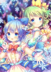 Rule 34 | 2girls, :3, ahoge, alternate costume, arms up, back-to-back, badge, blue eyes, blue hair, blurry, blurry background, blush, bow, bowtie, button badge, cirno, coa (chroo x), commentary request, daiyousei, depth of field, detached sleeves, dress, fairy wings, flower, glowstick, green hair, hair bow, hair flower, hair ornament, idol clothes, looking at viewer, looking back, multiple girls, open mouth, outstretched hand, overskirt, pink dress, puffy short sleeves, puffy sleeves, red neckwear, short hair, short sleeves, side ponytail, smile, snowflakes, stage lights, standing, touhou, upper body, wings, wrist cuffs, yellow neckwear