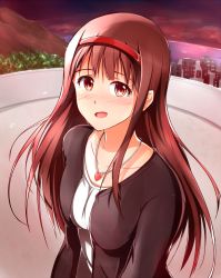 Rule 34 | 10s, 1girl, alternate hair length, alternate hairstyle, bad id, bad pixiv id, brown eyes, brown hair, collarbone, hairband, heart, heart necklace, idolmaster, idolmaster million live!, jewelry, kiu (dear deer), long hair, necklace, open mouth, outdoors, red hairband, solo, tanaka kotoha, tears, upper body