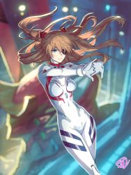 Rule 34 | 1girl, blue eyes, blurry, blurry background, bodysuit, breasts, brown hair, closed mouth, commentary request, curvy, eva 02, evangelion: 3.0+1.0 thrice upon a time, eyepatch, floating hair, fujii eishun, hair ornament, hands up, highres, interface headset, interlocked fingers, lips, long hair, long sleeves, medium breasts, neon genesis evangelion, plugsuit, rebuild of evangelion, signature, simple background, skin tight, smile, solo, souryuu asuka langley, turtleneck, very long hair, white bodysuit, wide hips