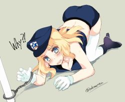 Rule 34 | 10s, 1girl, abenattou, all fours, black shirt, blonde hair, blouse, blue eyes, blue hat, blush, boots, breasts, brown background, cleavage, embarrassed, english text, full body, girls und panzer, hair intakes, hat, high heel boots, high heels, kay (girls und panzer), long hair, medium breasts, miniskirt, open mouth, peaked cap, pencil skirt, police, police uniform, shirt, skindentation, skirt, solo, tears, thighhighs, top-down bottom-up, uniform, white thighhighs