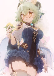 Rule 34 | 1girl, animal ears, backlighting, blush, breasts, commentary request, cowboy shot, e-note, flower, garter straps, genshin impact, glasses, green hair, grey thighhighs, hat, highres, holding, holding flower, long sleeves, looking at viewer, medium breasts, open mouth, round eyewear, semi-rimless eyewear, short hair, signature, skindentation, solo, sucrose (genshin impact), sweet flower, thighhighs, vision (genshin impact), yellow eyes