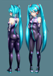 Rule 34 | 1girl, :o, alternate costume, aqua background, aqua eyes, aqua hair, arm behind back, ass, bad id, bad pixiv id, bare shoulders, black gloves, blush, bodysuit, breasts, clenched hand, covered navel, elbow gloves, from behind, full-length zipper, full body, gloves, hair ornament, hatsune miku, headset, highres, holding own arm, kneepits, long hair, looking at viewer, multiple views, neon trim, open mouth, pigeon-toed, profile, saodake, shiny clothes, simple background, skin tight, small breasts, standing, sweatdrop, tattoo, turnaround, turtleneck, twintails, unitard, very long hair, vocaloid, x-ray, zipper